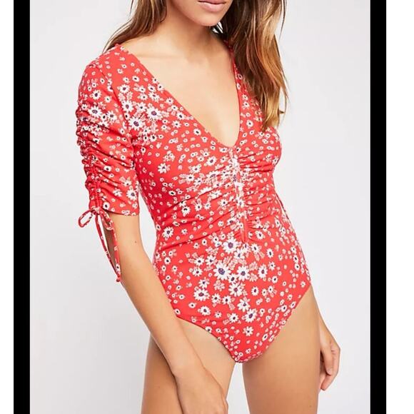 Free People Intimately Cinch Up‎ Bodysuit in Cherry Combo Sz XS - Picture 2 of 11